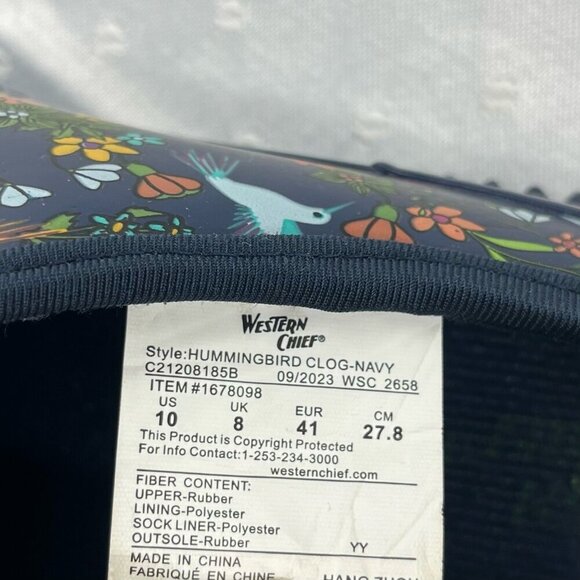 Western Chief Clog Shoes Women 10 Navy Blue Hummingbirds Waterproof Flat Slip On - Picture 9 of 10